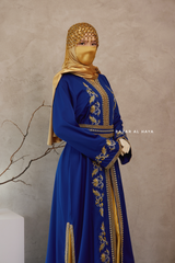 Royal Blue Reshma Moroccan Kaftan Abaya Embroidery Dress With Gold Abaya & Belt - 3 Piece Set