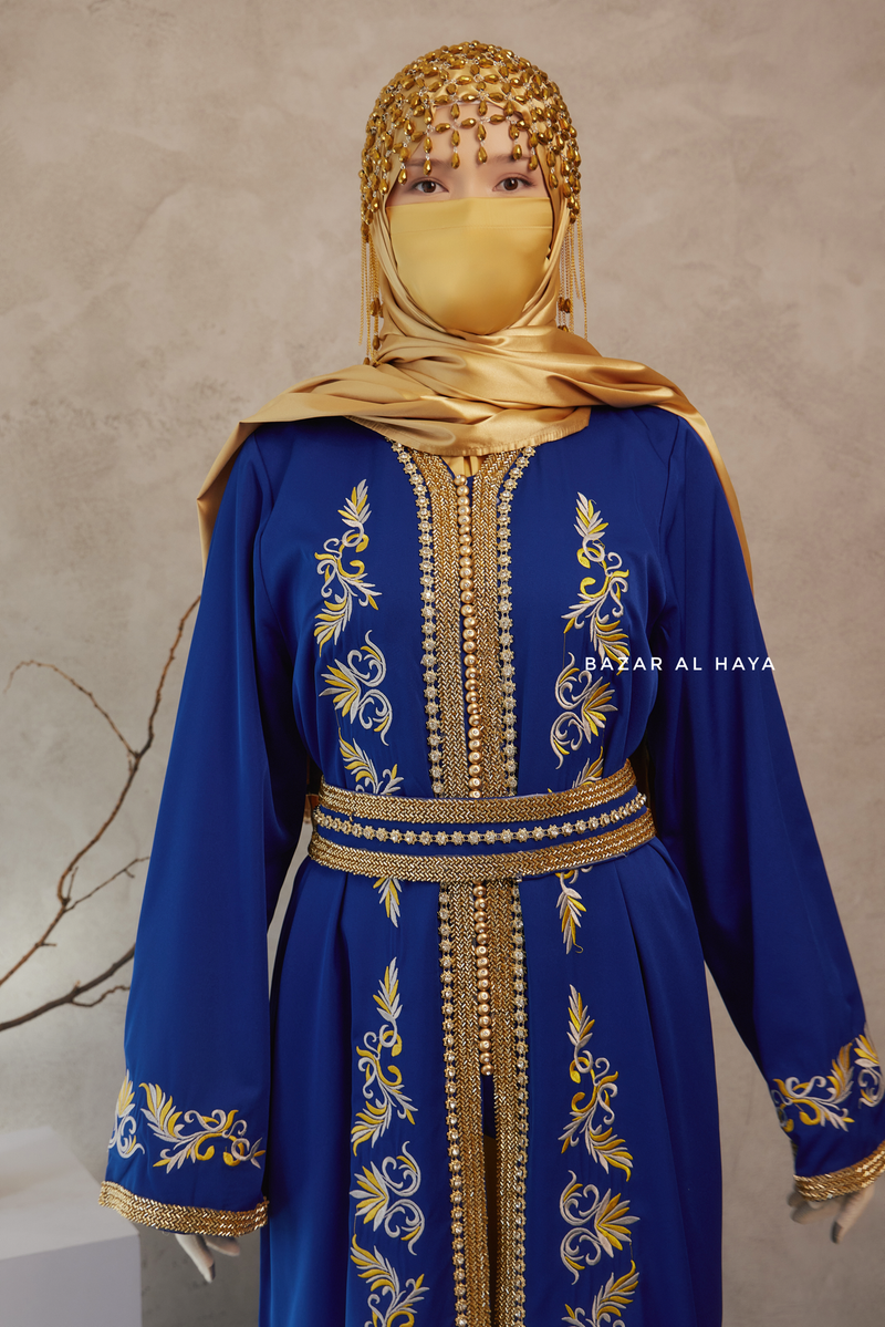 Royal Blue Reshma Moroccan Kaftan Abaya Embroidery Dress With Gold Abaya & Belt - 3 Piece Set