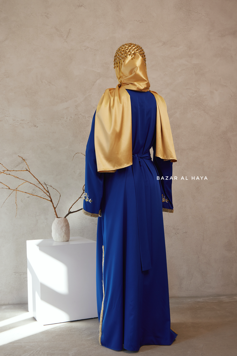 Royal Blue Reshma Moroccan Kaftan Abaya Embroidery Dress With Gold Abaya & Belt - 3 Piece Set