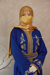 Royal Blue Reshma Moroccan Kaftan Abaya Embroidery Dress With Gold Abaya & Belt - 3 Piece Set