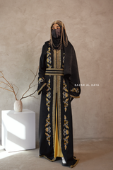 Black Reshma Moroccan Kaftan Abaya Embroidery Dress With Gold Abaya & Belt - 3 Piece Set