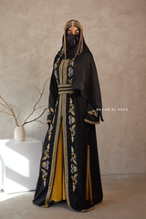 Black Reshma Moroccan Kaftan Abaya Embroidery Dress With Gold Abaya & Belt - 3 Piece Set