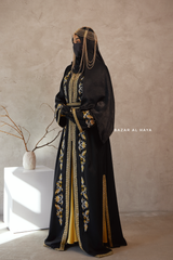 Black Reshma Moroccan Kaftan Abaya Embroidery Dress With Gold Abaya & Belt - 3 Piece Set