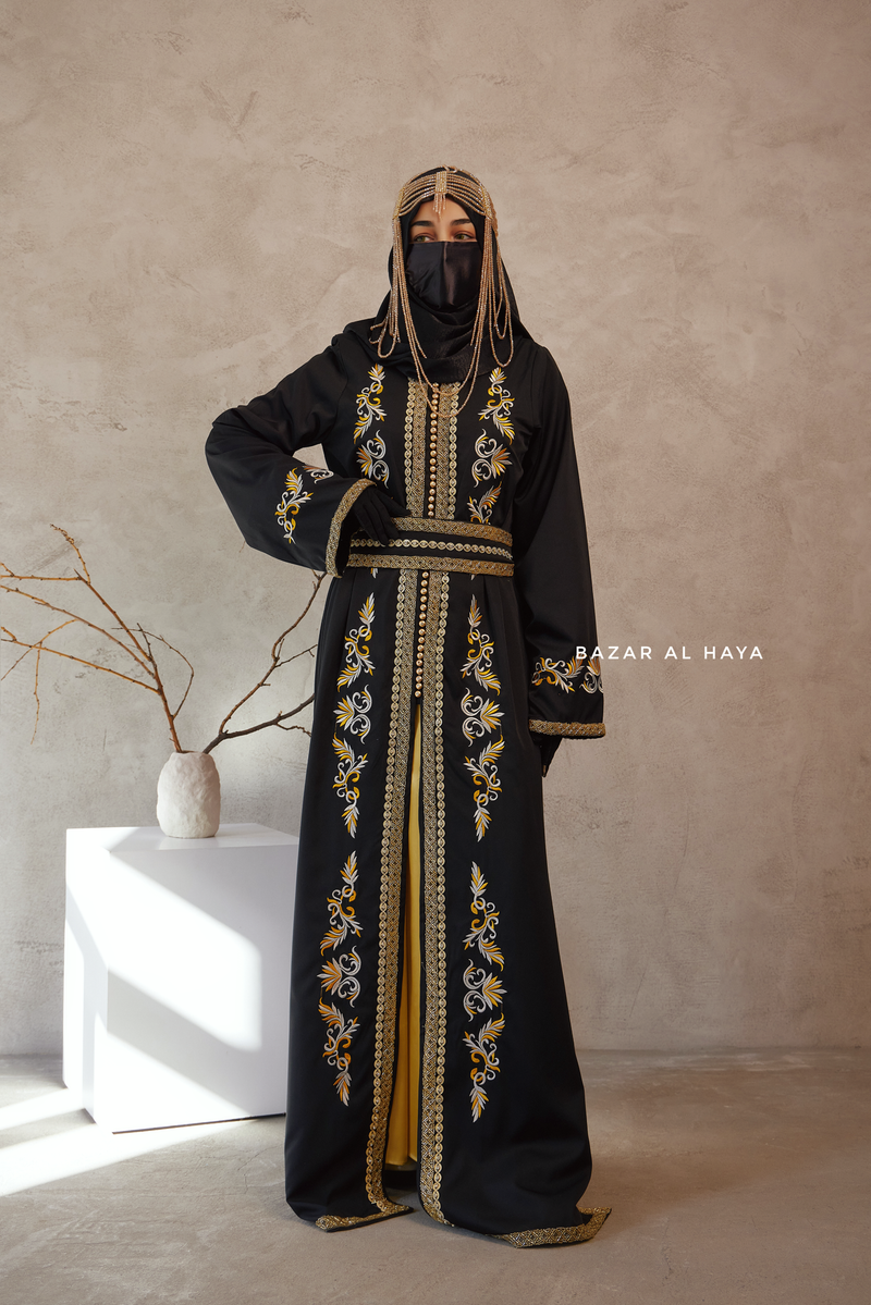 Black Reshma Moroccan Kaftan Abaya Embroidery Dress With Gold Abaya & Belt - 3 Piece Set