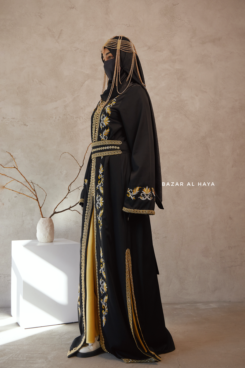 Black Reshma Moroccan Kaftan Abaya Embroidery Dress With Gold Abaya & Belt - 3 Piece Set