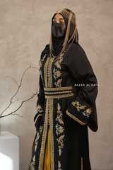 Black Reshma Moroccan Kaftan Abaya Embroidery Dress With Gold Abaya & Belt - 3 Piece Set