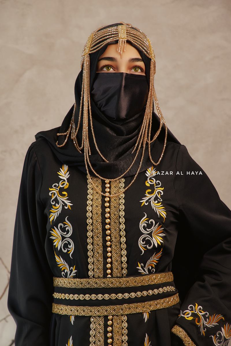 Black Reshma Moroccan Kaftan Abaya Embroidery Dress With Gold Abaya & Belt - 3 Piece Set