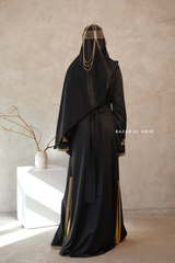 Black Reshma Moroccan Kaftan Abaya Embroidery Dress With Gold Abaya & Belt - 3 Piece Set