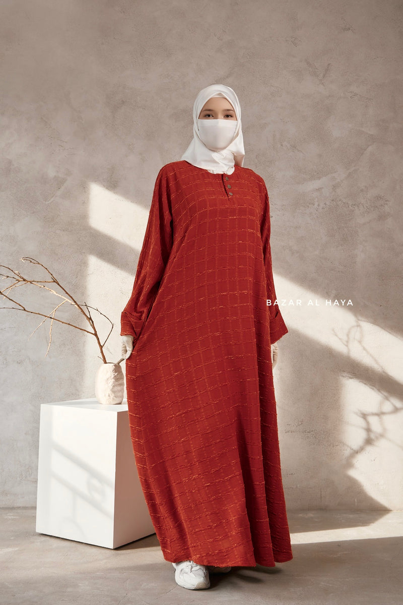 Burn Orange Feruza Loose Fit Abaya With Pockets - Square Pattern Jakarta Woven