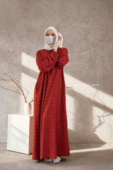 Burn Orange Feruza Loose Fit Abaya With Pockets - Square Pattern Jakarta Woven