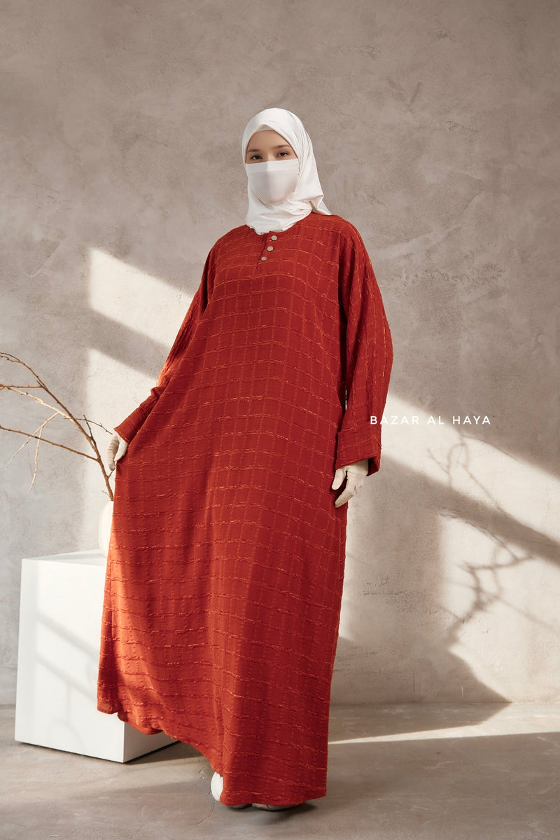 Burn Orange Feruza Loose Fit Abaya With Pockets - Square Pattern Jakarta Woven