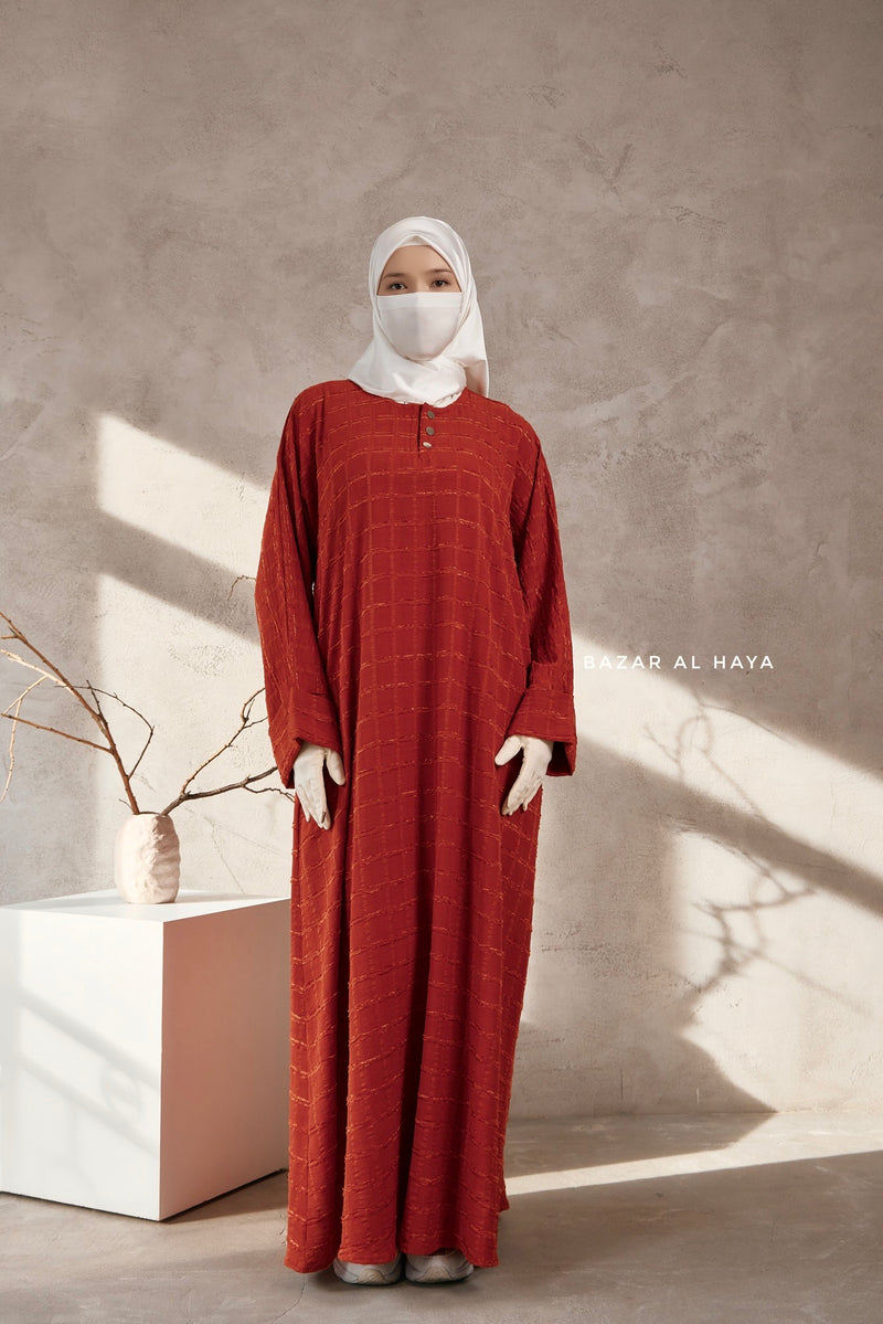 Burn Orange Feruza Loose Fit Abaya With Pockets - Square Pattern Jakarta Woven