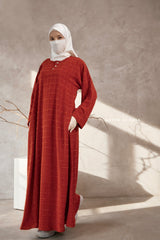 Burn Orange Feruza Loose Fit Abaya With Pockets - Square Pattern Jakarta Woven