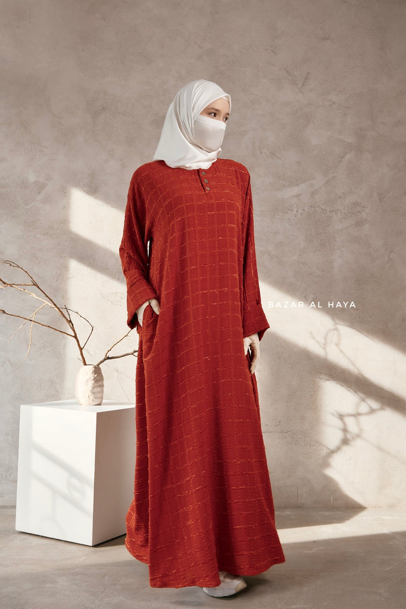 Burn Orange Feruza Loose Fit Abaya With Pockets - Square Pattern Jakarta Woven