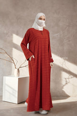 Burn Orange Feruza Loose Fit Abaya With Pockets - Square Pattern Jakarta Woven