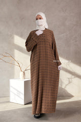 Cappuccino Feruza Loose Fit Abaya With Pockets - Square Pattern Jakarta Woven