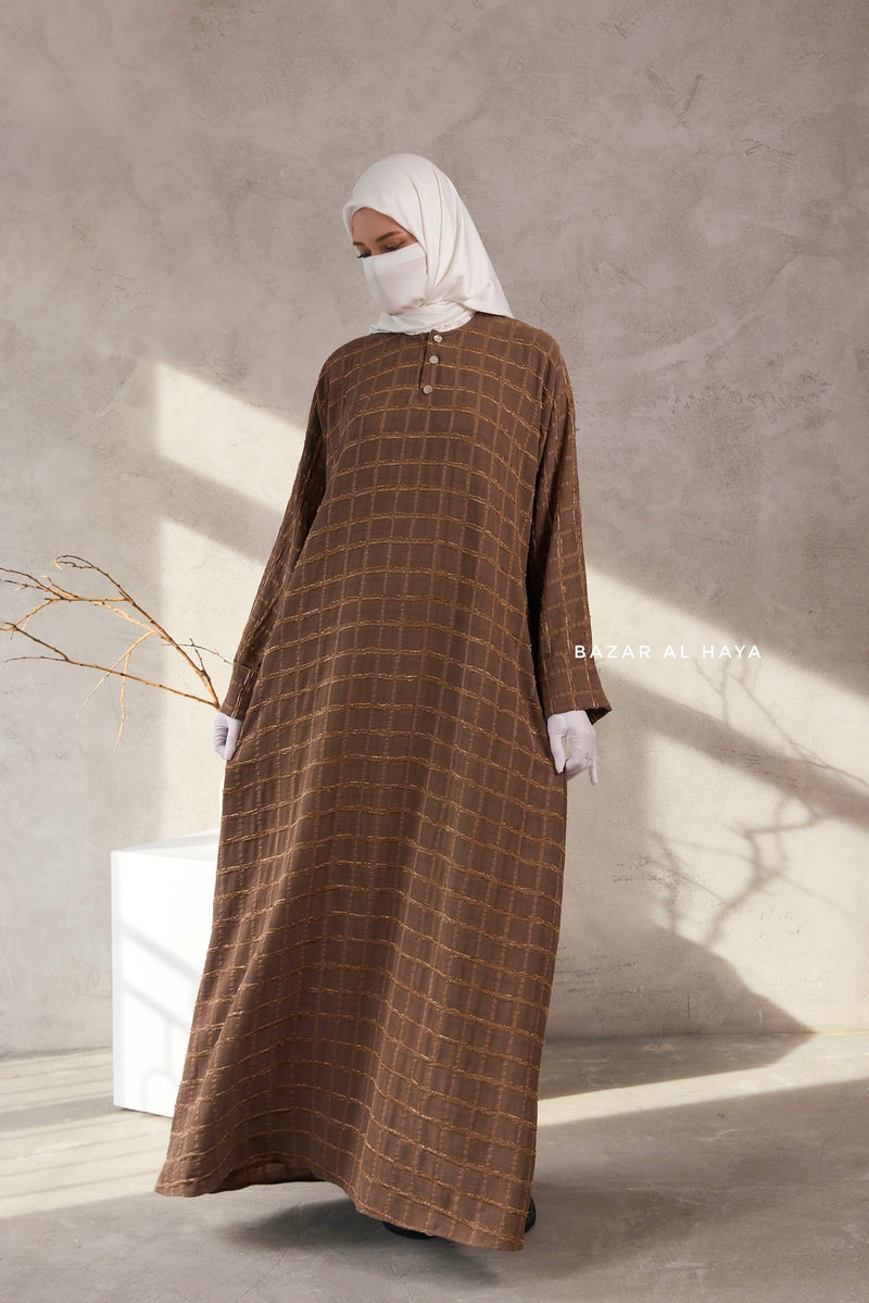 Cappuccino Feruza Loose Fit Abaya With Pockets - Square Pattern Jakarta Woven