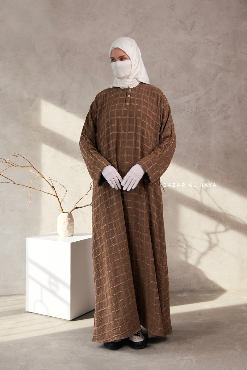 Cappuccino Feruza Loose Fit Abaya With Pockets - Square Pattern Jakarta Woven