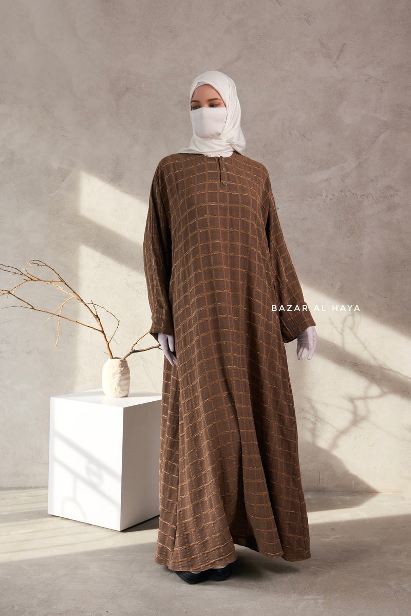 Cappuccino Feruza Loose Fit Abaya With Pockets - Square Pattern Jakarta Woven