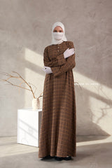 Cappuccino Feruza Loose Fit Abaya With Pockets - Square Pattern Jakarta Woven