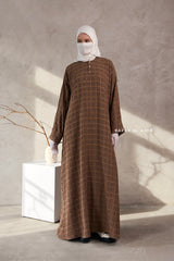 Cappuccino Feruza Loose Fit Abaya With Pockets - Square Pattern Jakarta Woven