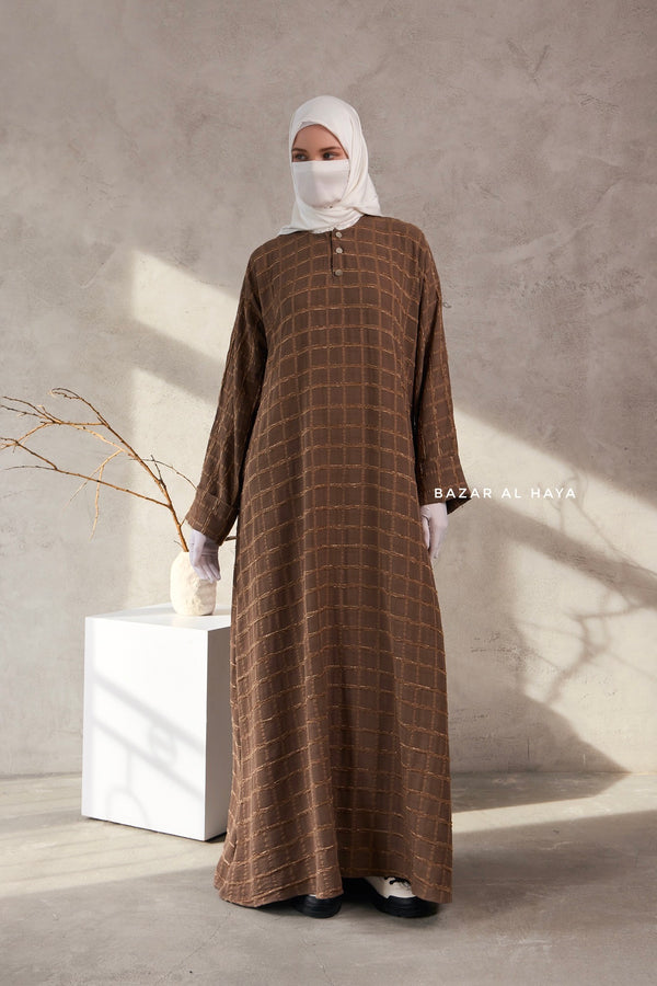 Cappuccino Feruza Loose Fit Abaya With Pockets - Square Pattern Jakarta Woven