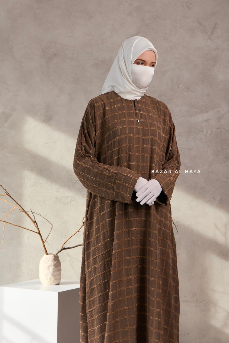 Cappuccino Feruza Loose Fit Abaya With Pockets - Square Pattern Jakarta Woven