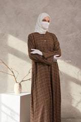 Cappuccino Feruza Loose Fit Abaya With Pockets - Square Pattern Jakarta Woven