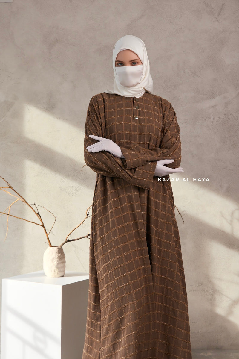 Cappuccino Feruza Loose Fit Abaya With Pockets - Square Pattern Jakarta Woven