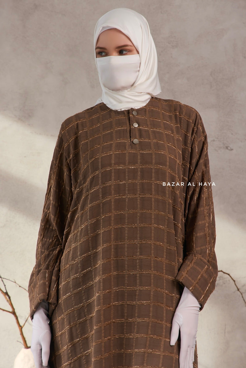 Cappuccino Feruza Loose Fit Abaya With Pockets - Square Pattern Jakarta Woven