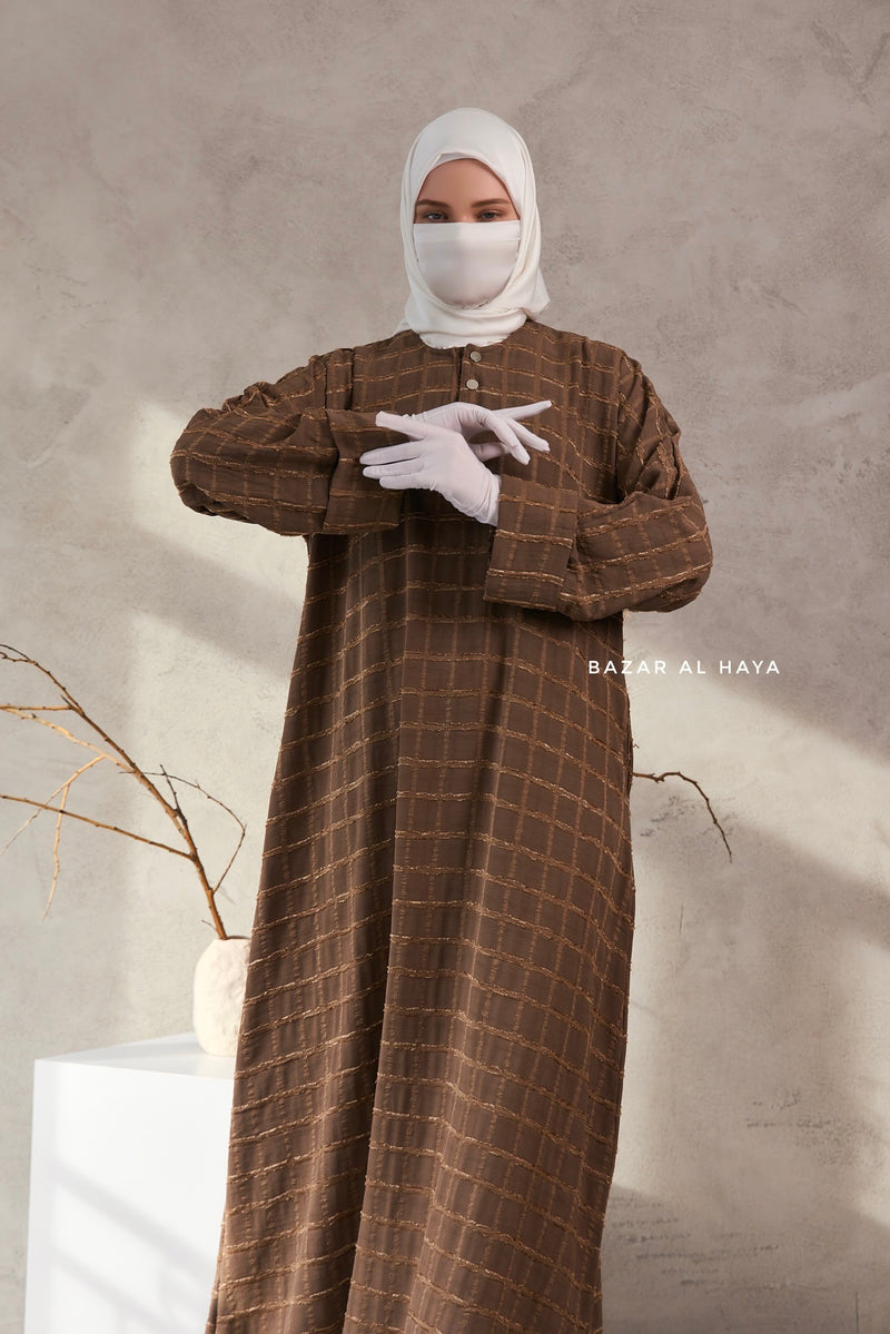 Cappuccino Feruza Loose Fit Abaya With Pockets - Square Pattern Jakarta Woven