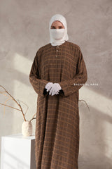 Cappuccino Feruza Loose Fit Abaya With Pockets - Square Pattern Jakarta Woven