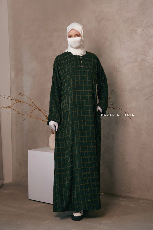 Emerald Feruza Loose Fit Abaya With Pockets - Square Pattern Jakarta Woven