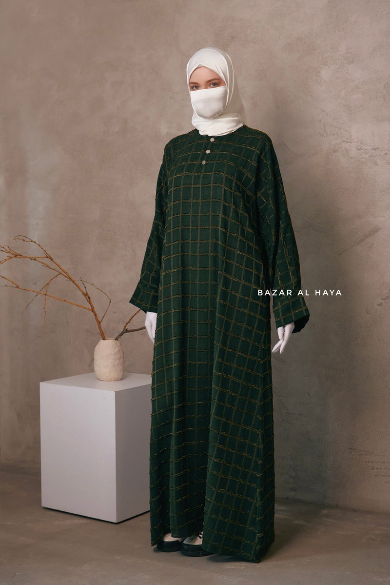 Emerald Feruza Loose Fit Abaya With Pockets - Square Pattern Jakarta Woven