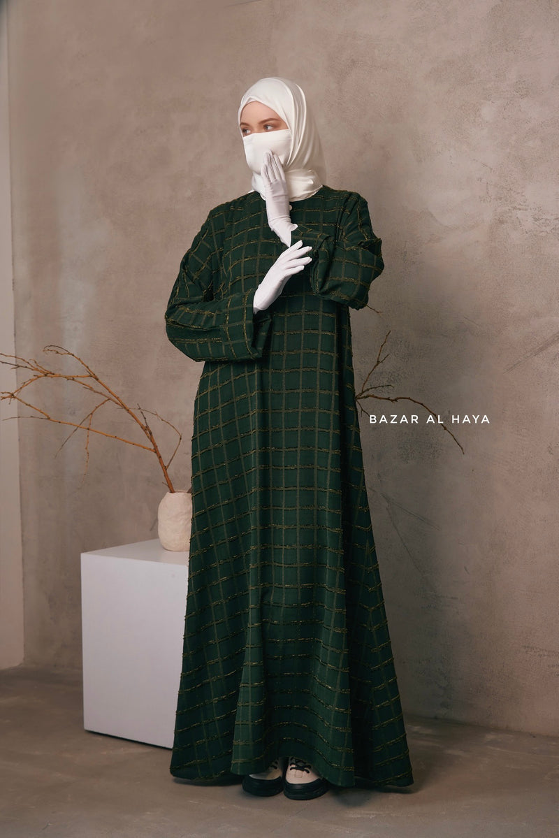 Emerald Feruza Loose Fit Abaya With Pockets - Square Pattern Jakarta Woven