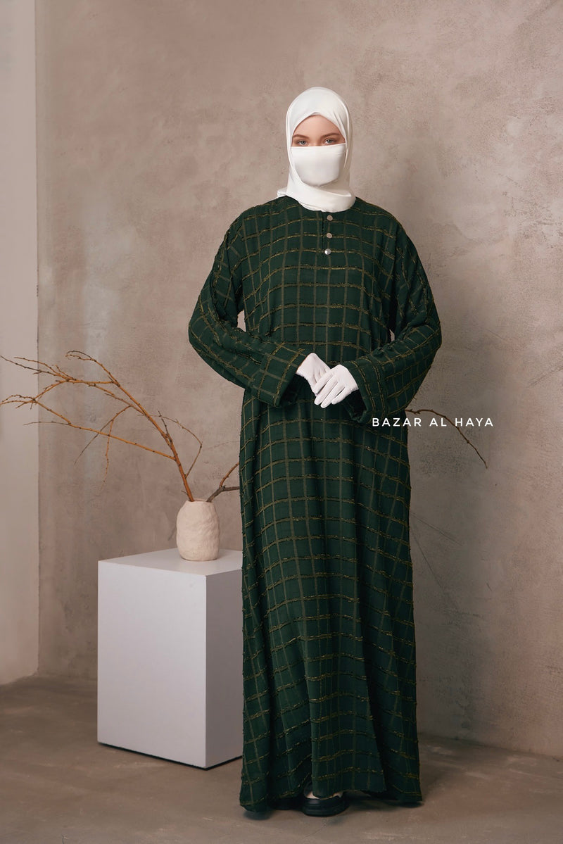 Emerald Feruza Loose Fit Abaya With Pockets - Square Pattern Jakarta Woven