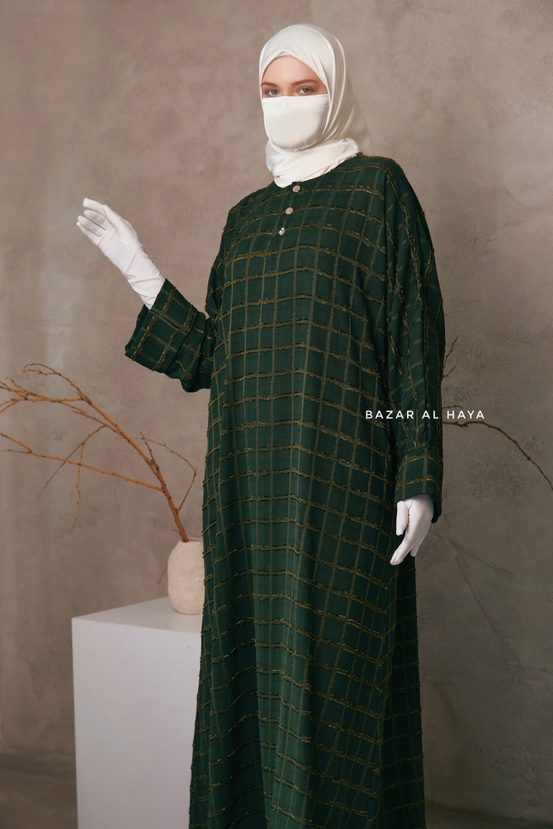 Emerald Feruza Loose Fit Abaya With Pockets - Square Pattern Jakarta Woven