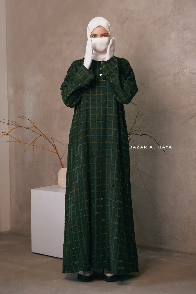 Emerald Feruza Loose Fit Abaya With Pockets - Square Pattern Jakarta Woven