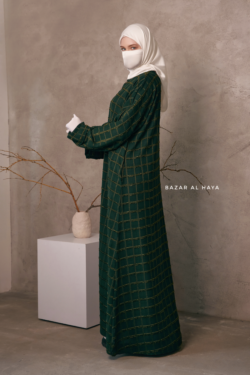 Emerald Feruza Loose Fit Abaya With Pockets - Square Pattern Jakarta Woven