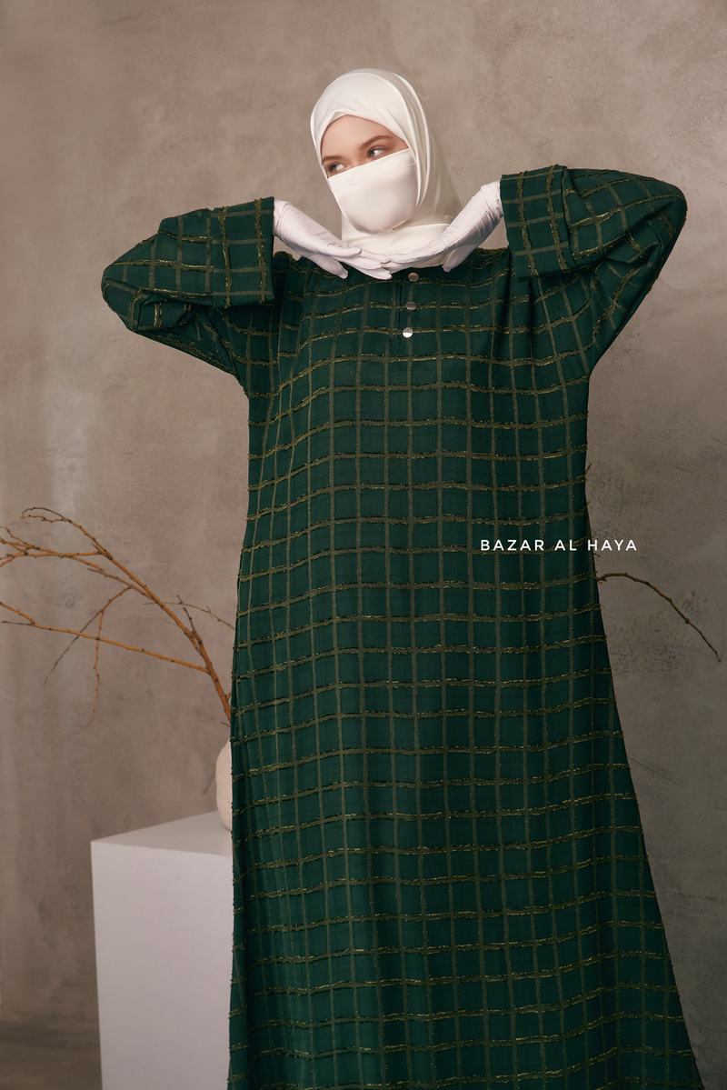 Emerald Feruza Loose Fit Abaya With Pockets - Square Pattern Jakarta Woven