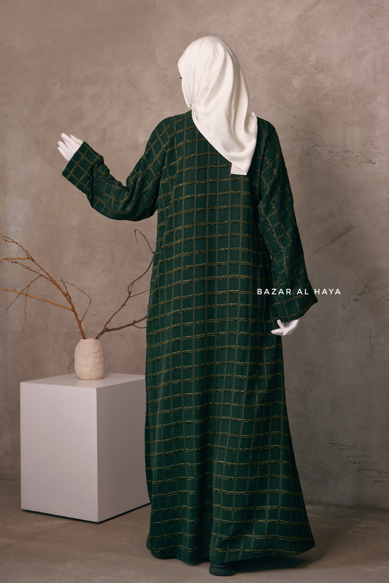 Emerald Feruza Loose Fit Abaya With Pockets - Square Pattern Jakarta Woven