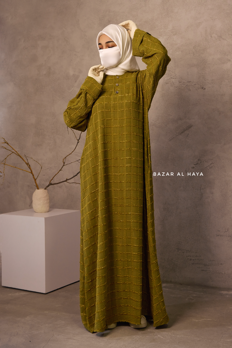 Olive Feruza Loose Fit Abaya With Pockets - Square Pattern Jakarta Woven