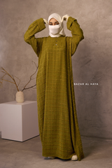 Olive Feruza Loose Fit Abaya With Pockets - Square Pattern Jakarta Woven