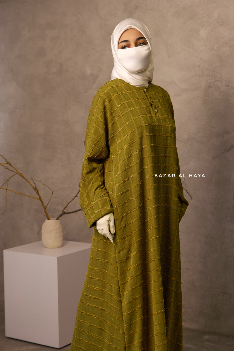 Olive Feruza Loose Fit Abaya With Pockets - Square Pattern Jakarta Woven