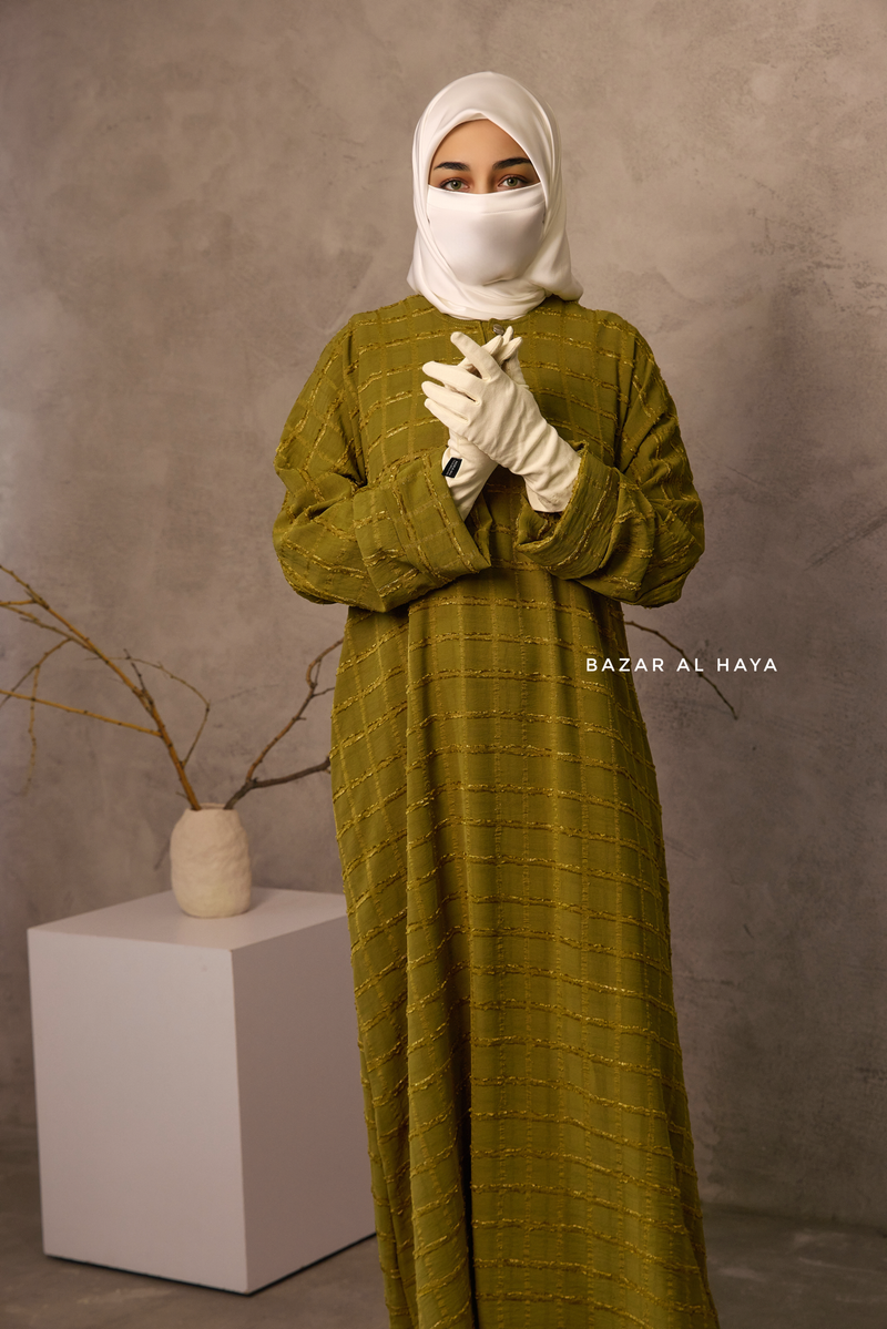 Olive Feruza Loose Fit Abaya With Pockets - Square Pattern Jakarta Woven