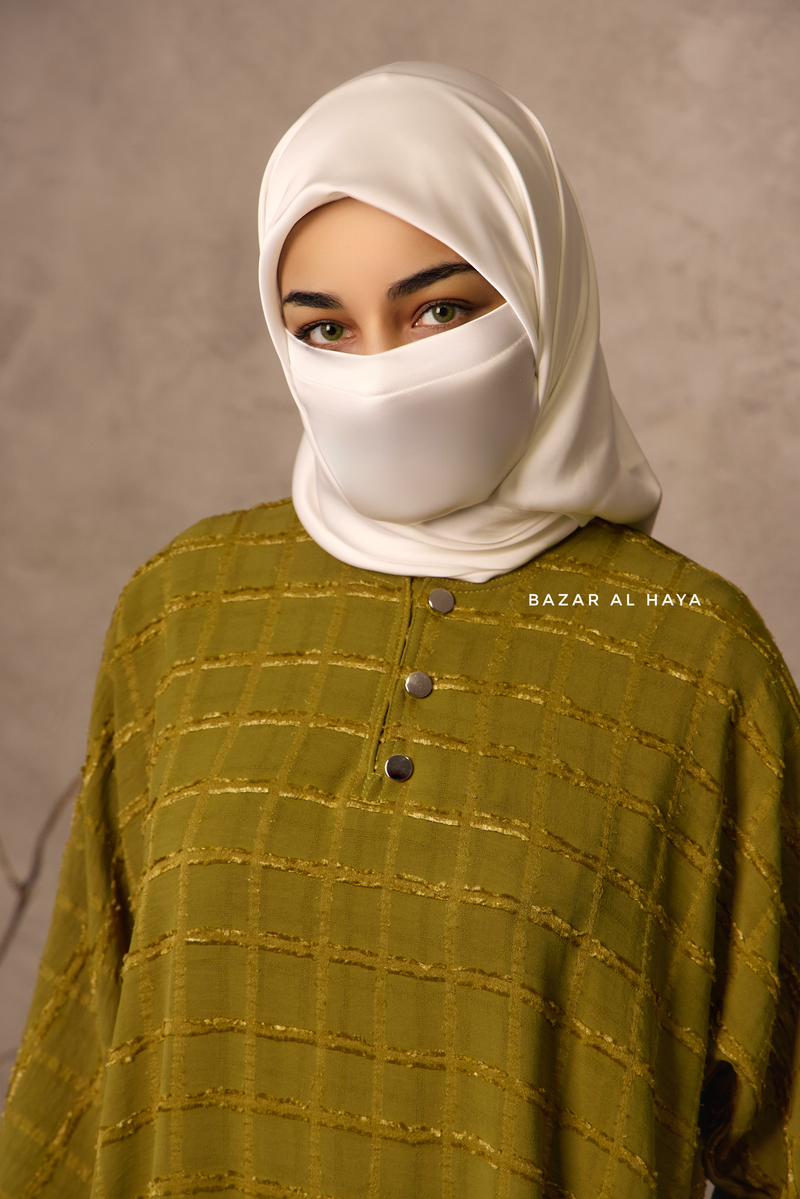 Olive Feruza Loose Fit Abaya With Pockets - Square Pattern Jakarta Woven