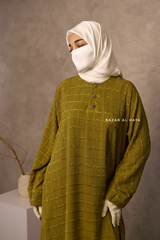 Olive Feruza Loose Fit Abaya With Pockets - Square Pattern Jakarta Woven