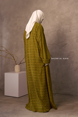 Olive Feruza Loose Fit Abaya With Pockets - Square Pattern Jakarta Woven