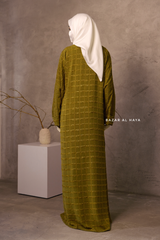 Olive Feruza Loose Fit Abaya With Pockets - Square Pattern Jakarta Woven