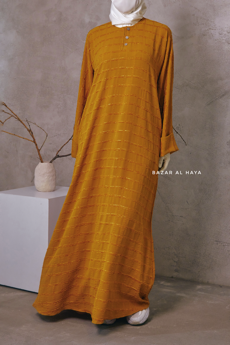 Mustard Feruza Loose Fit Abaya With Pockets - Square Pattern Jakarta Woven